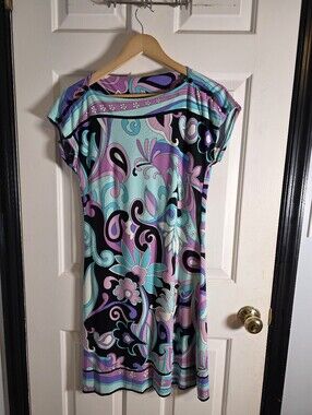 Donna Morgan Vibrant Floral Print Shift Dress in Aqua, Lilac & Black Size 6